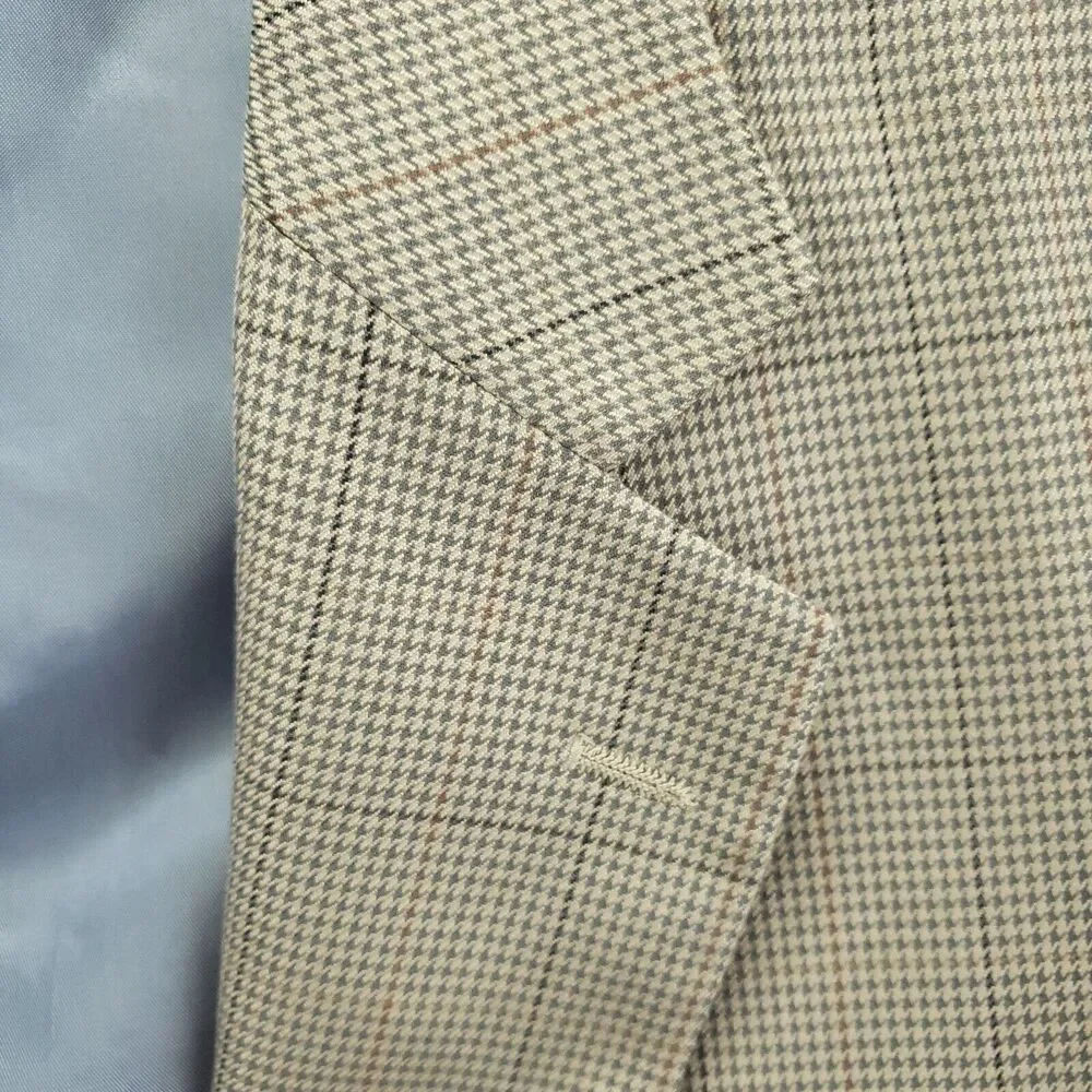 Alan Flusser Blazer Sport Coat Mens 40S Beige Houndstooth Silk Wool Formal